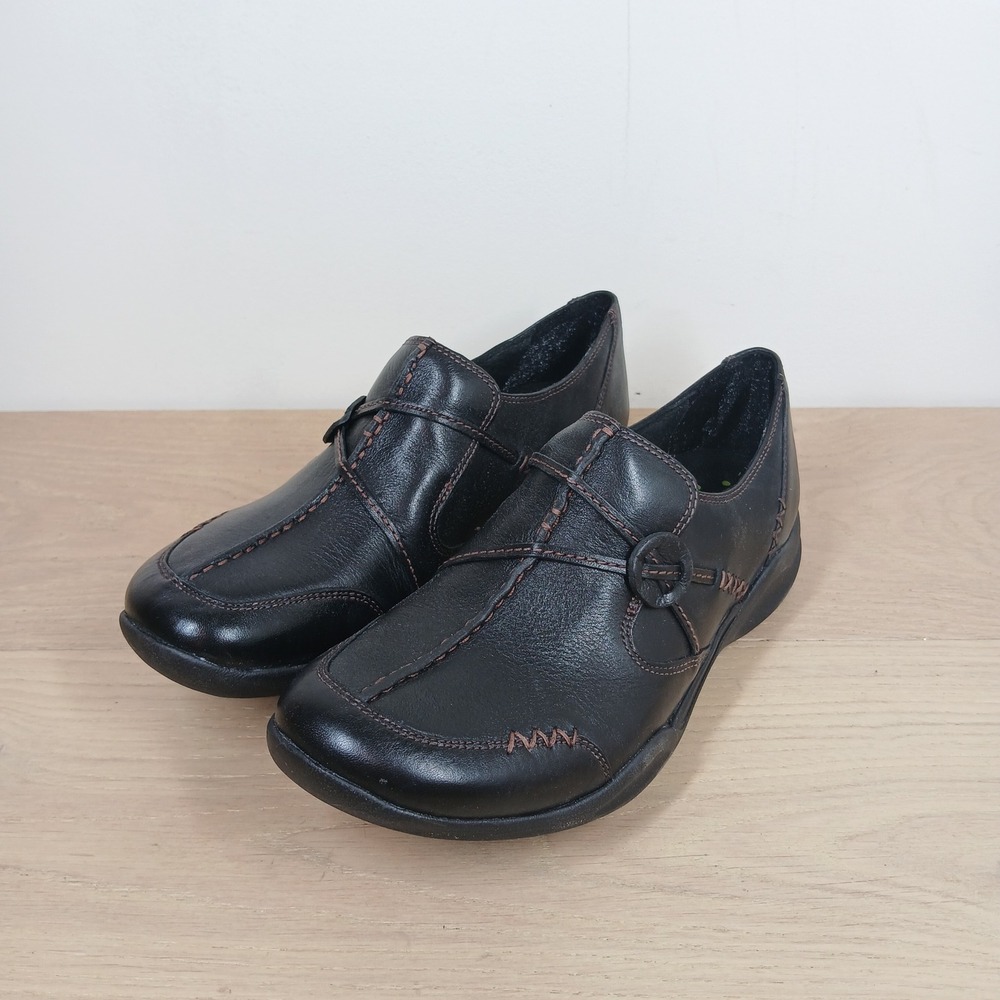 Clarks Wave Loafers Women 7.5 Black Leather Comfort Walking Casual Slip On Shoes